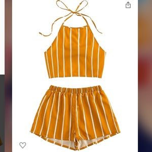NWOT 2Piece Striped Mustard FrontCrop Top Shorts